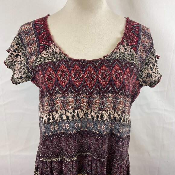 Soft Surroundings Smocked Dress 1X Maroon Cream Blue Mandala Print Short Sleeve - Picture 3 of 16